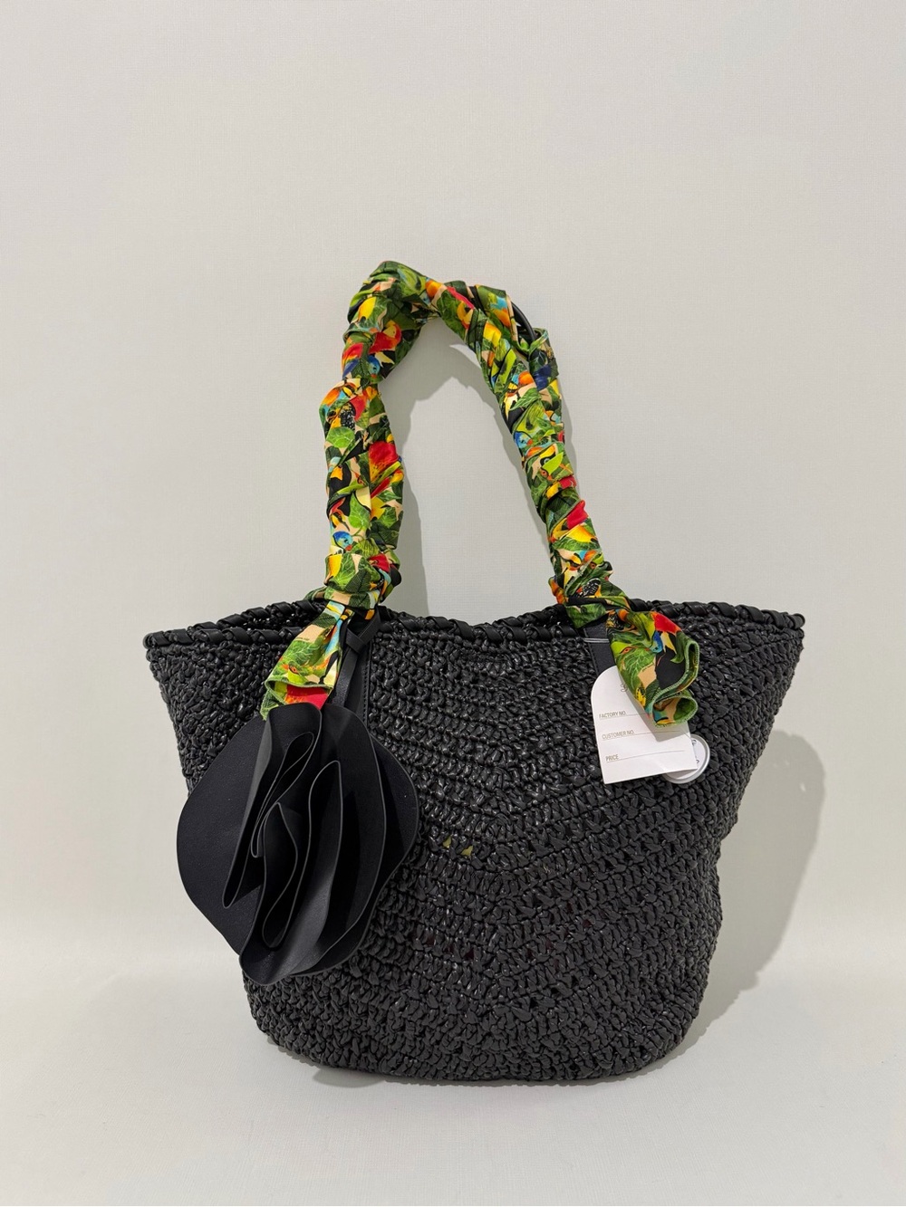 FARM Rio Black Scarf Raffia Mini Basket Bag